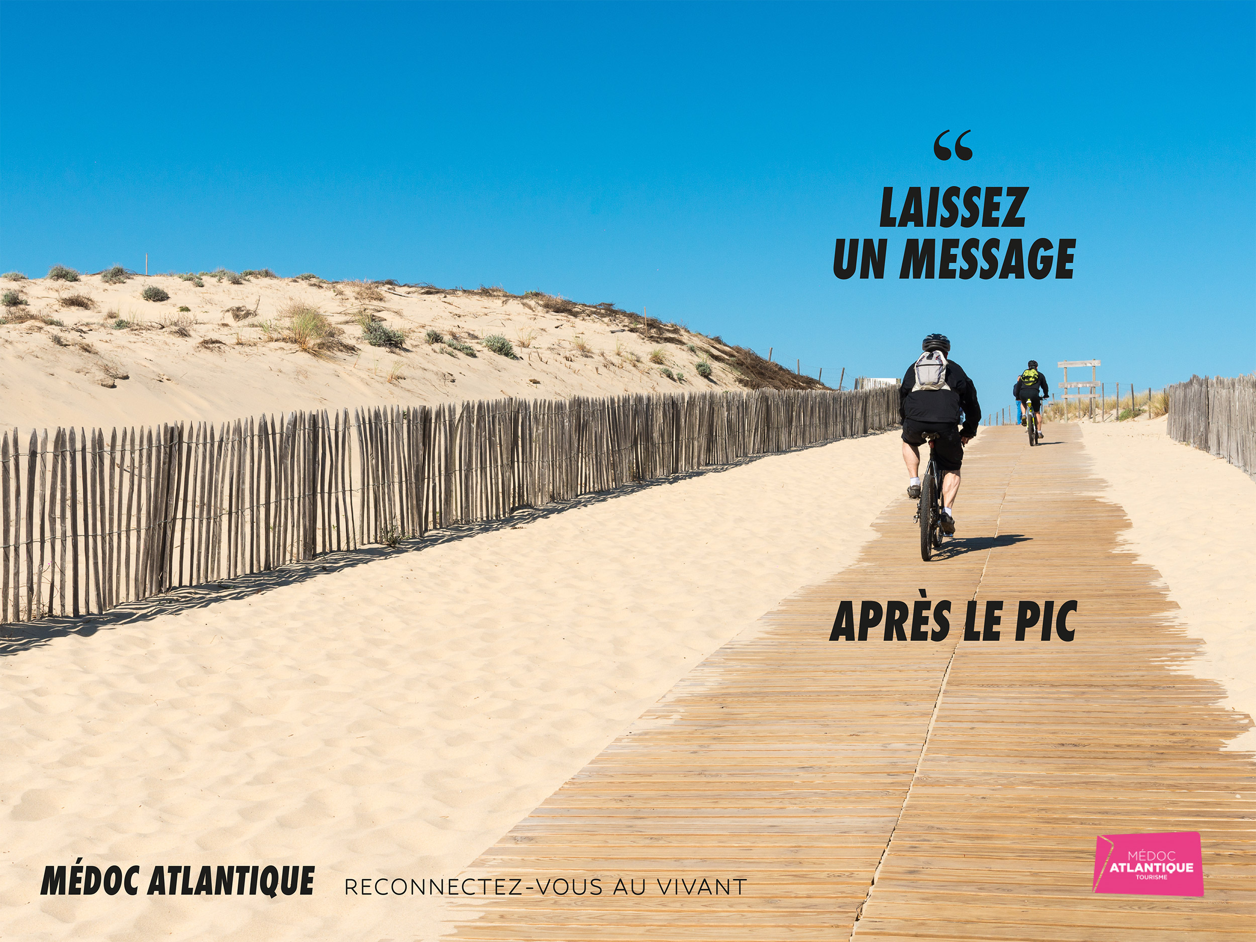 Affiche représentant un homme en vélo montant une dune de sable et le message : Laissez un message après le pic