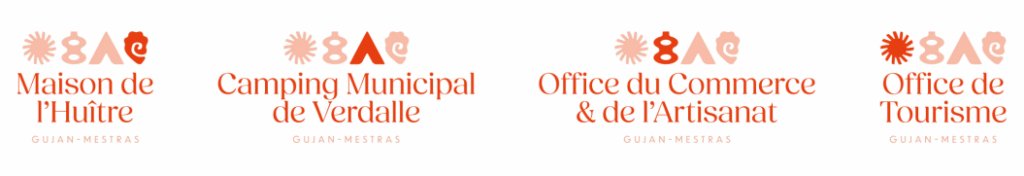 Déclinaison des logos Terra Ostra. Maison de l'Huître - Camping Municipal de Verdalle - Office de commerce et de l'artisanat - Office de Tourisme