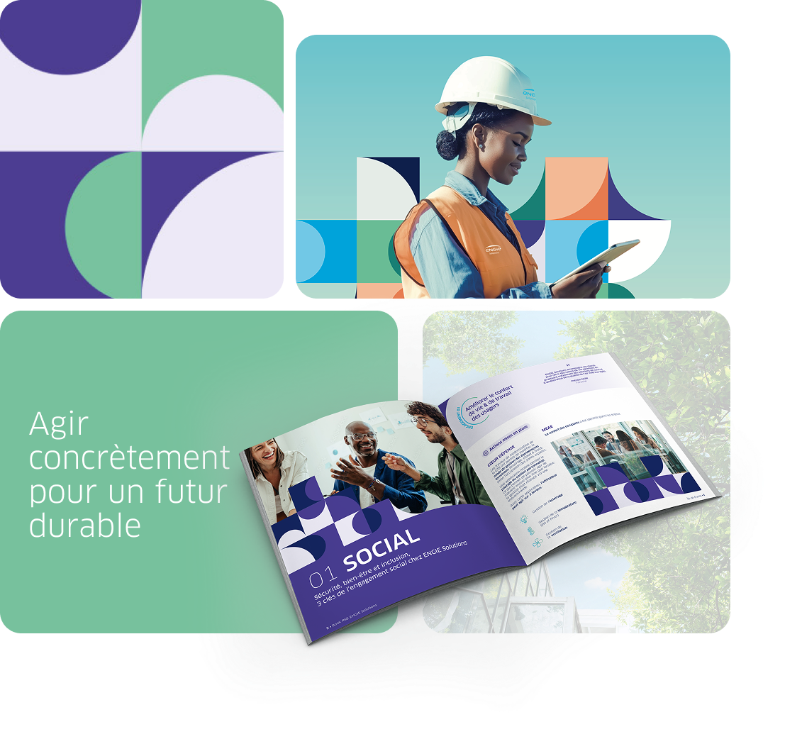 Visuels illustrant la mise en page du Rapport RSE 2024 de Engie Solutions