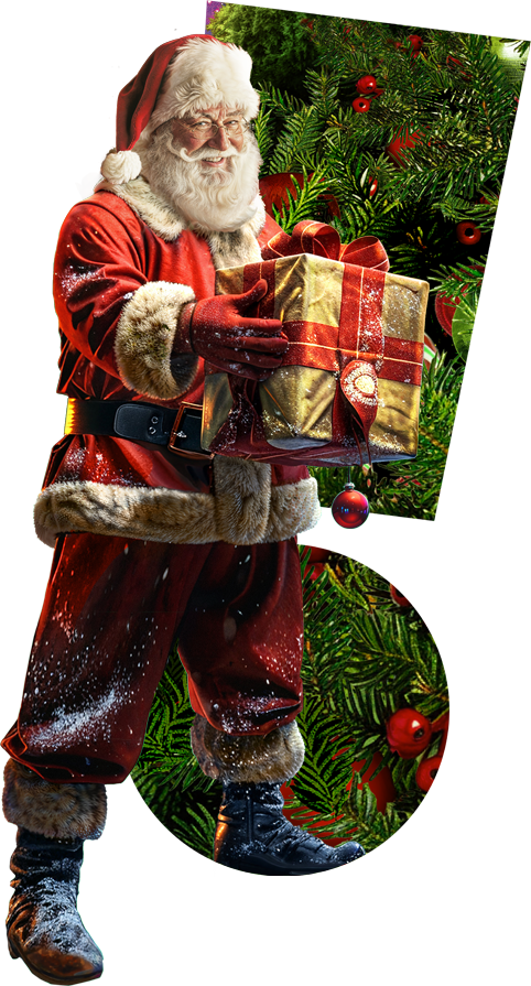 Père Noël devant le point d'exclamation du logo JouéClub