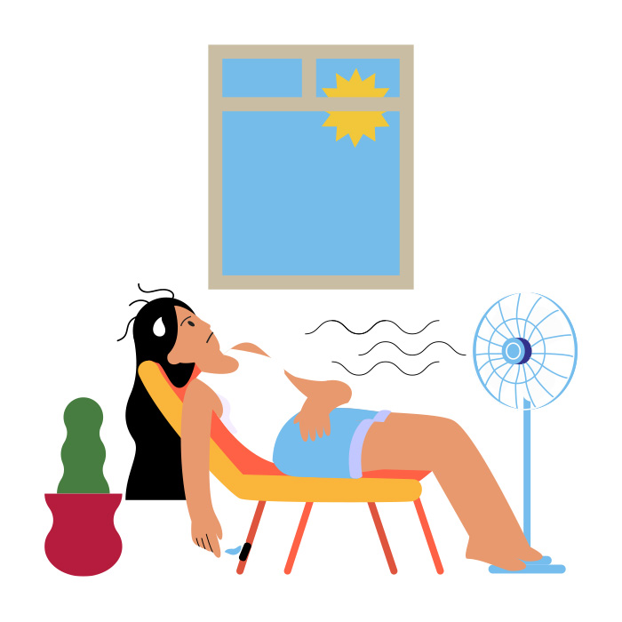 Illustration de la canicule, représentant d'une femme allongée sur une chaise transpirant devant un ventilateur devant une fenêtre.